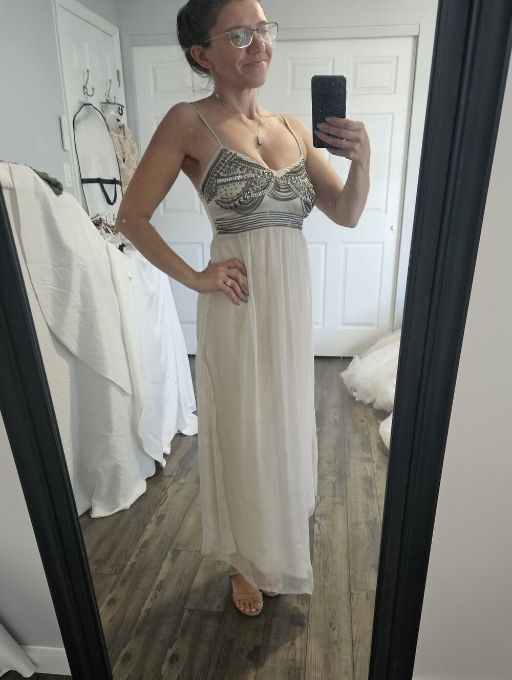 Elegant White Maxi Dress with Embellished Bodice